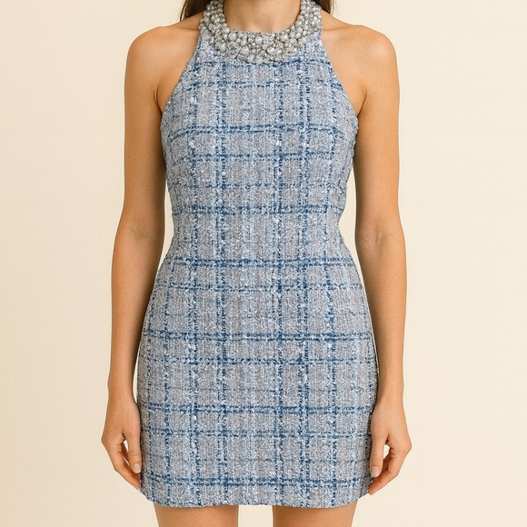 Blue Beaded Tweed Open Back Halter Dress XS - Picture 1 of 7